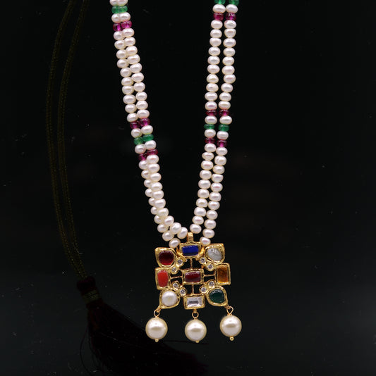 Vintage antique design handmade 22kt yellow gold navratan stone kundan jadau necklace pendant set with earrings tribal jewelry india - TRIBAL ORNAMENTS