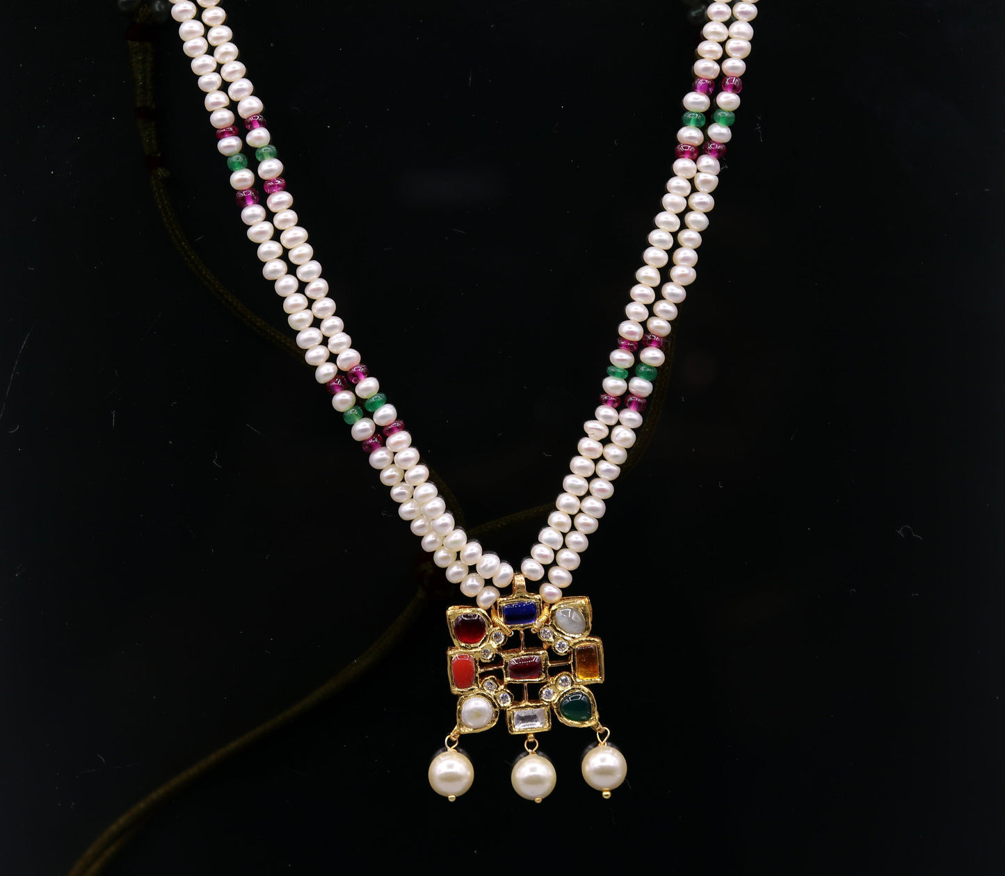 Vintage antique design handmade 22kt yellow gold navratan stone kundan jadau necklace pendant set with earrings tribal jewelry india - TRIBAL ORNAMENTS