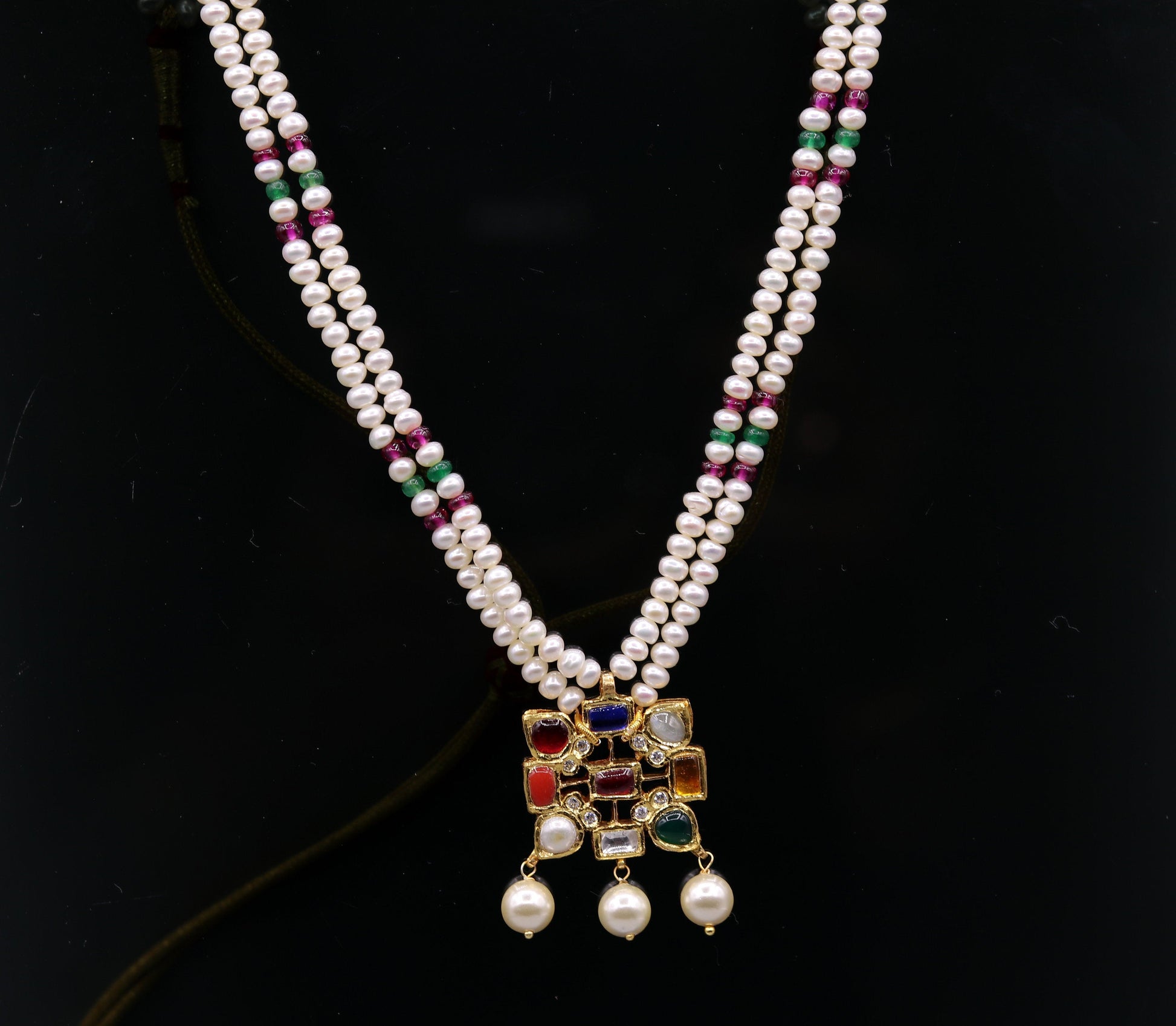 Vintage antique design handmade 22kt yellow gold navratan stone kundan jadau necklace pendant set with earrings tribal jewelry india - TRIBAL ORNAMENTS