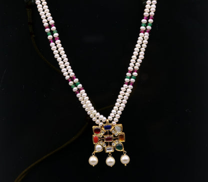 Vintage antique design handmade 22kt yellow gold navratan stone kundan jadau necklace pendant set with earrings tribal jewelry india - TRIBAL ORNAMENTS