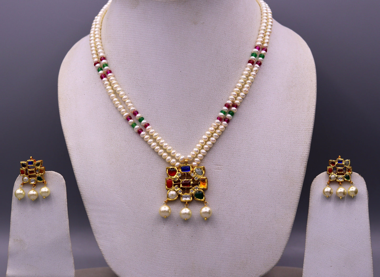 Vintage antique design handmade 22kt yellow gold navratan stone kundan jadau necklace pendant set with earrings tribal jewelry india - TRIBAL ORNAMENTS