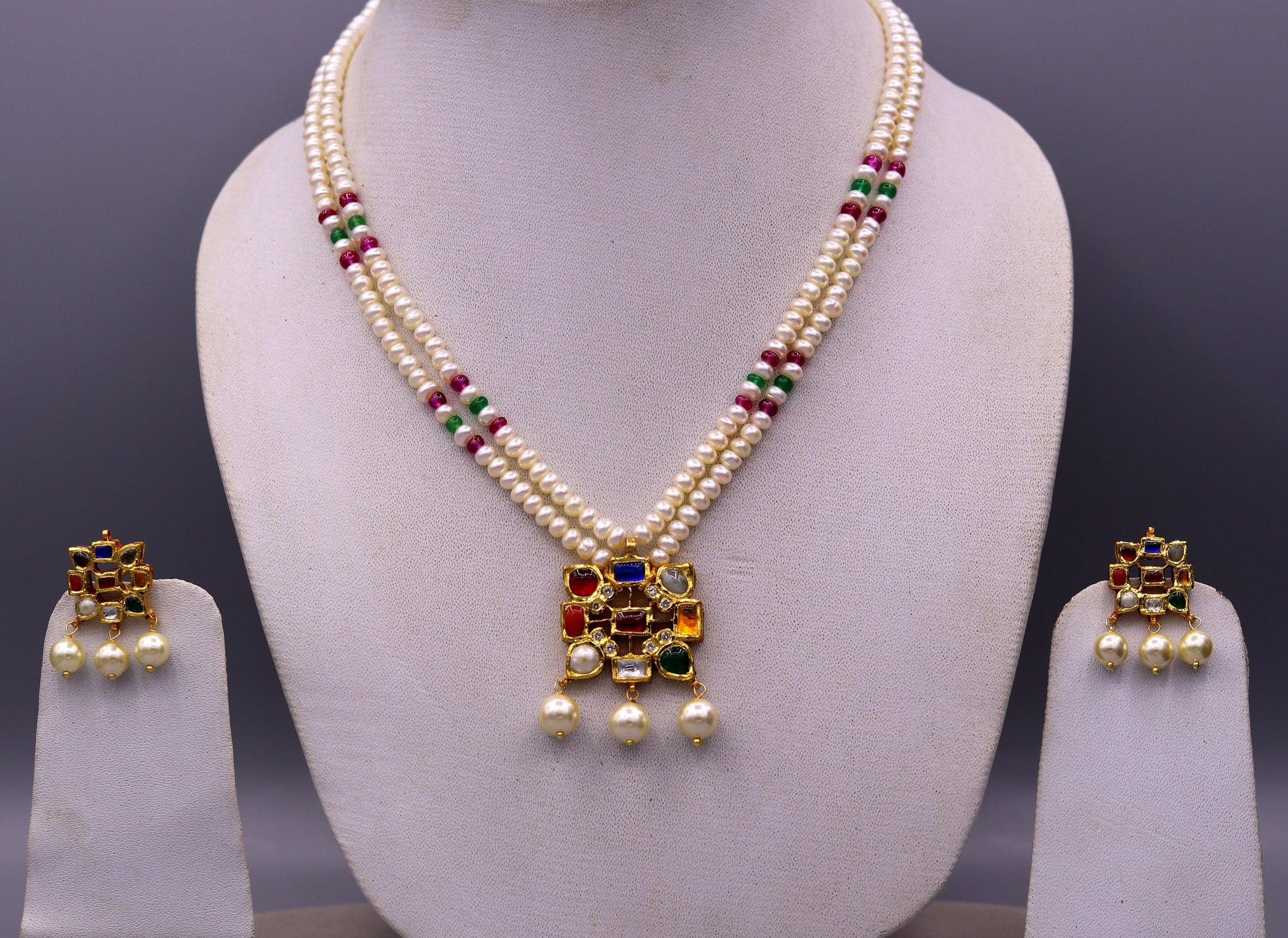 Vintage antique design handmade 22kt yellow gold navratan stone kundan jadau necklace pendant set with earrings tribal jewelry india - TRIBAL ORNAMENTS