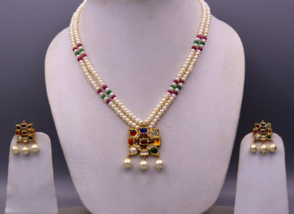 Vintage antique design handmade 22kt yellow gold navratan stone kundan jadau necklace pendant set with earrings tribal jewelry india - TRIBAL ORNAMENTS