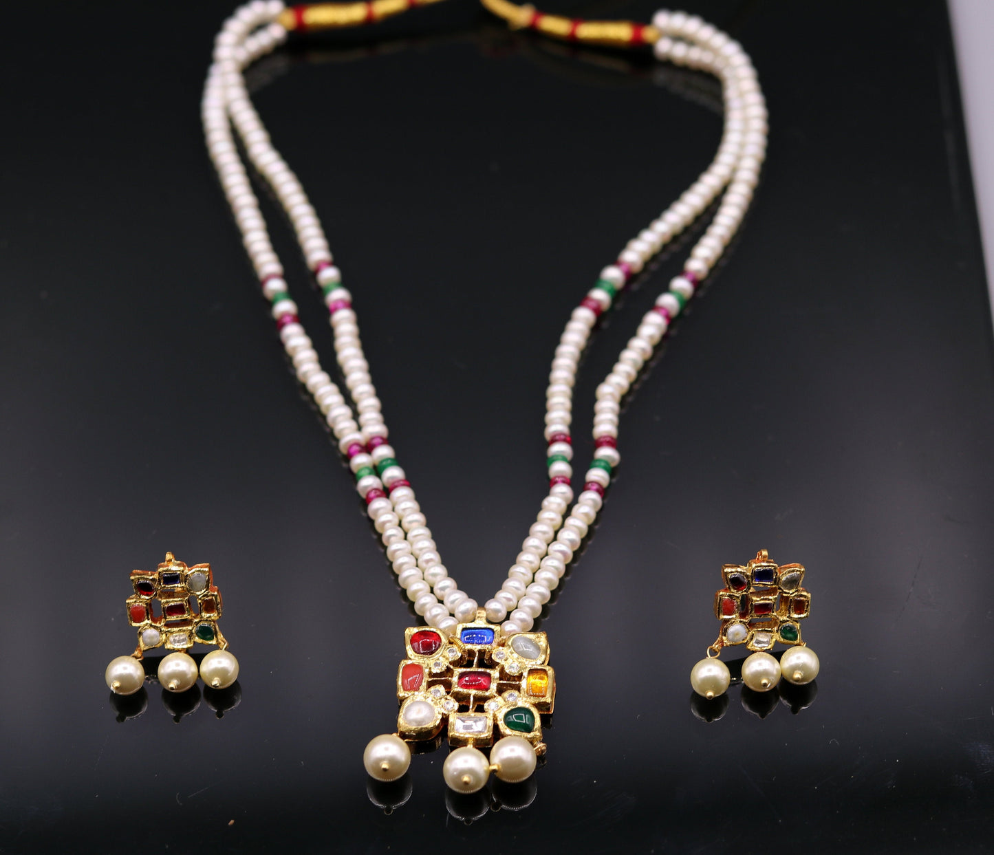 Vintage antique design handmade 22kt yellow gold navratan stone kundan jadau necklace pendant set with earrings tribal jewelry india - TRIBAL ORNAMENTS