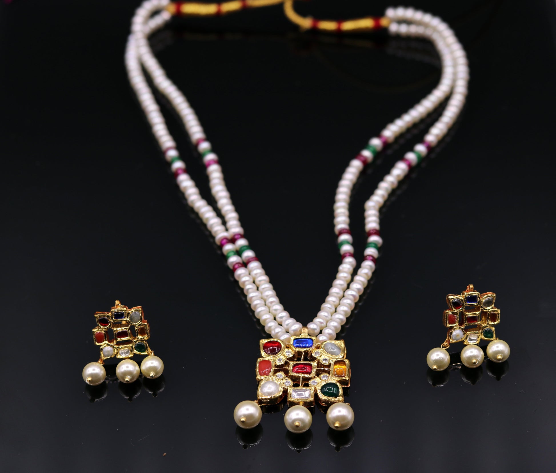 Vintage antique design handmade 22kt yellow gold navratan stone kundan jadau necklace pendant set with earrings tribal jewelry india - TRIBAL ORNAMENTS