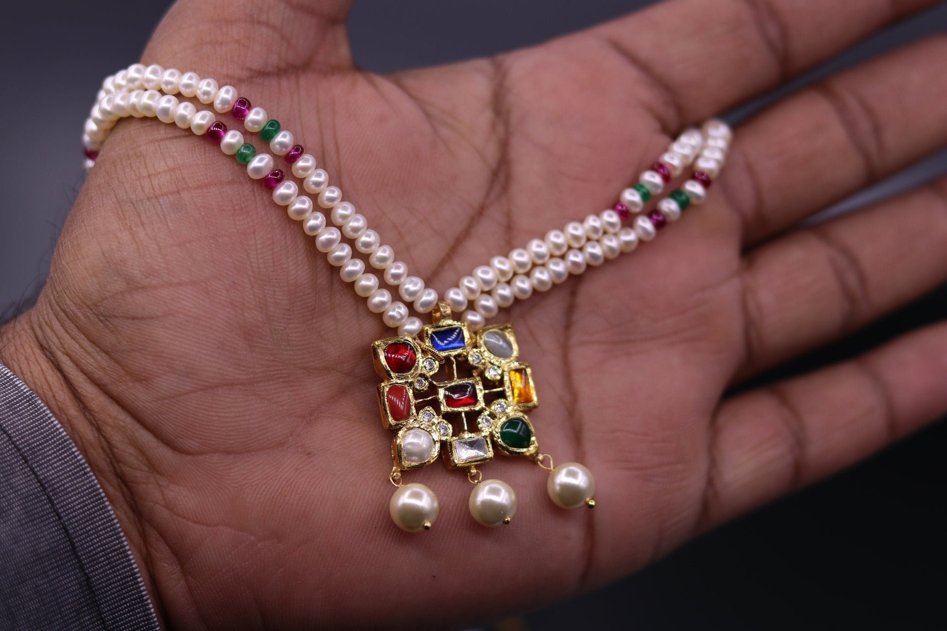 Vintage antique design handmade 22kt yellow gold navratan stone kundan jadau necklace pendant set with earrings tribal jewelry india - TRIBAL ORNAMENTS