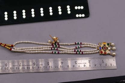 Vintage antique design handmade 22kt yellow gold navratan stone kundan jadau necklace pendant set with earrings tribal jewelry india - TRIBAL ORNAMENTS