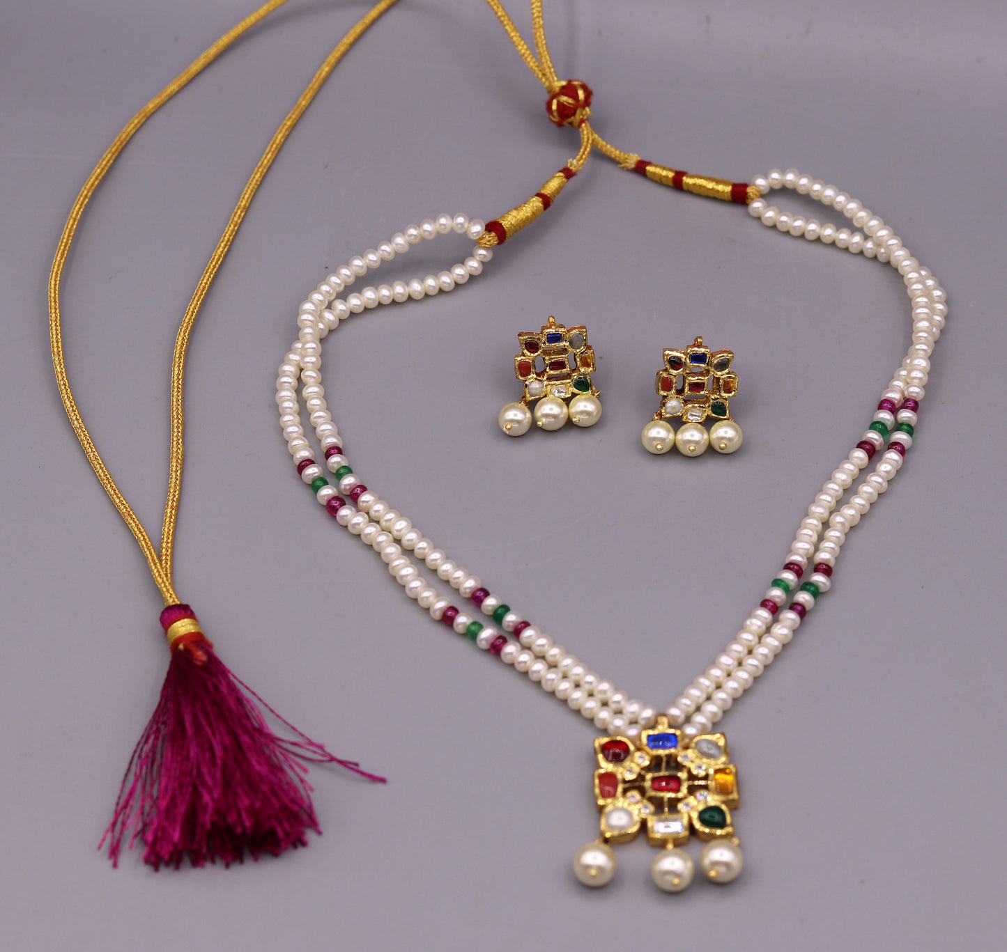 Vintage antique design handmade 22kt yellow gold navratan stone kundan jadau necklace pendant set with earrings tribal jewelry india - TRIBAL ORNAMENTS