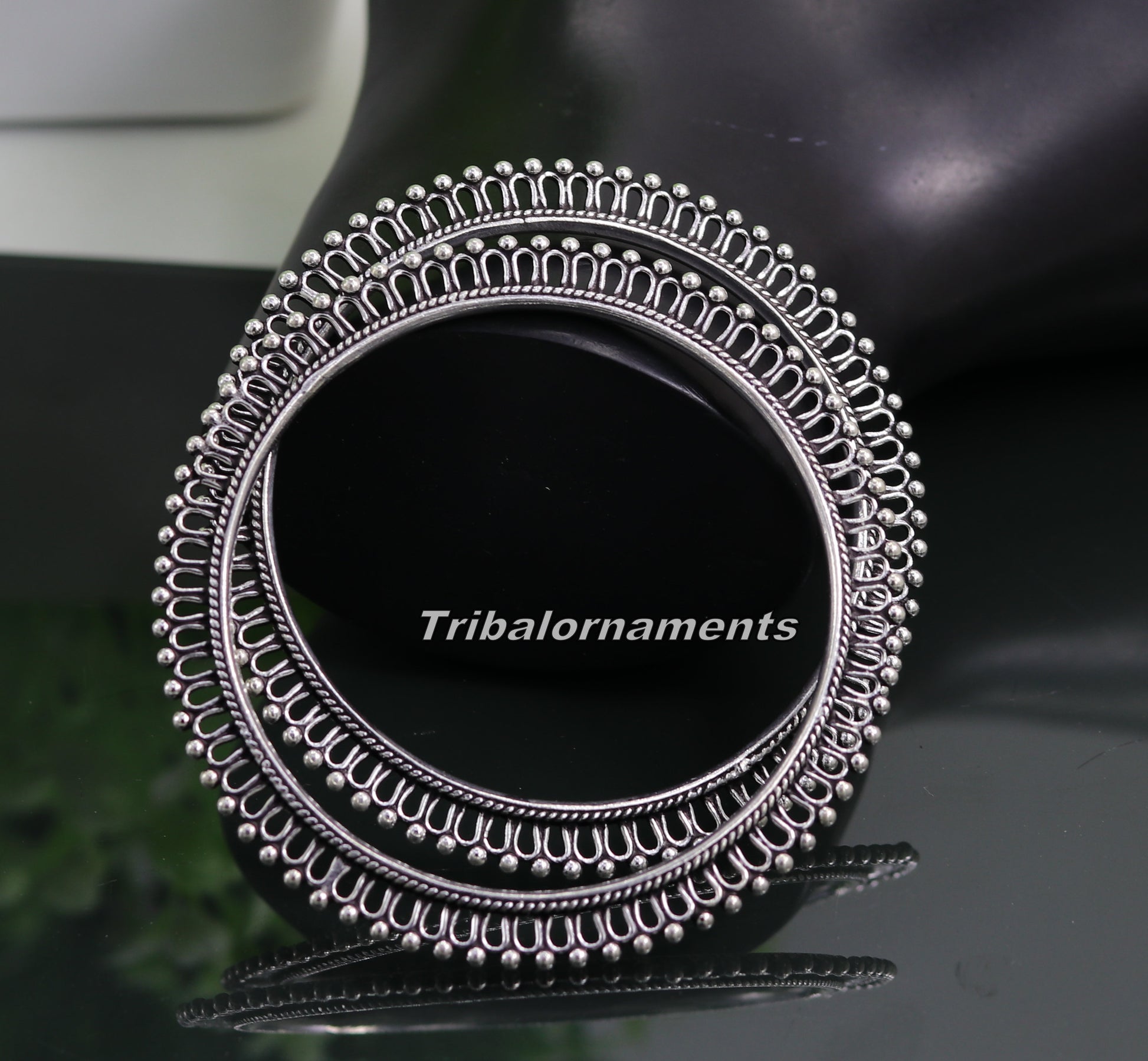Vintage antique handmade 925 sterling silver bangle bracelet with oxidized tribal belly dance jewelry design by TRIBAL ORNAMENTS