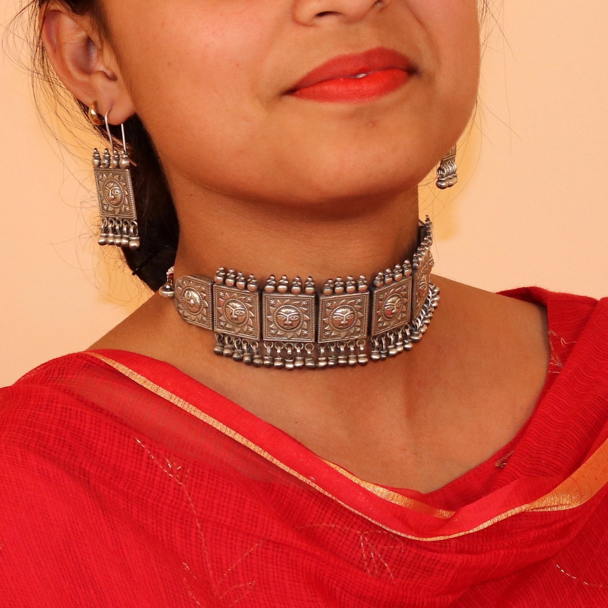 Vintage antique design handmade 925 sterling silver fabulous sum face design necklace choker with attractive hangings tribal jewelry set78 - TRIBAL ORNAMENTS