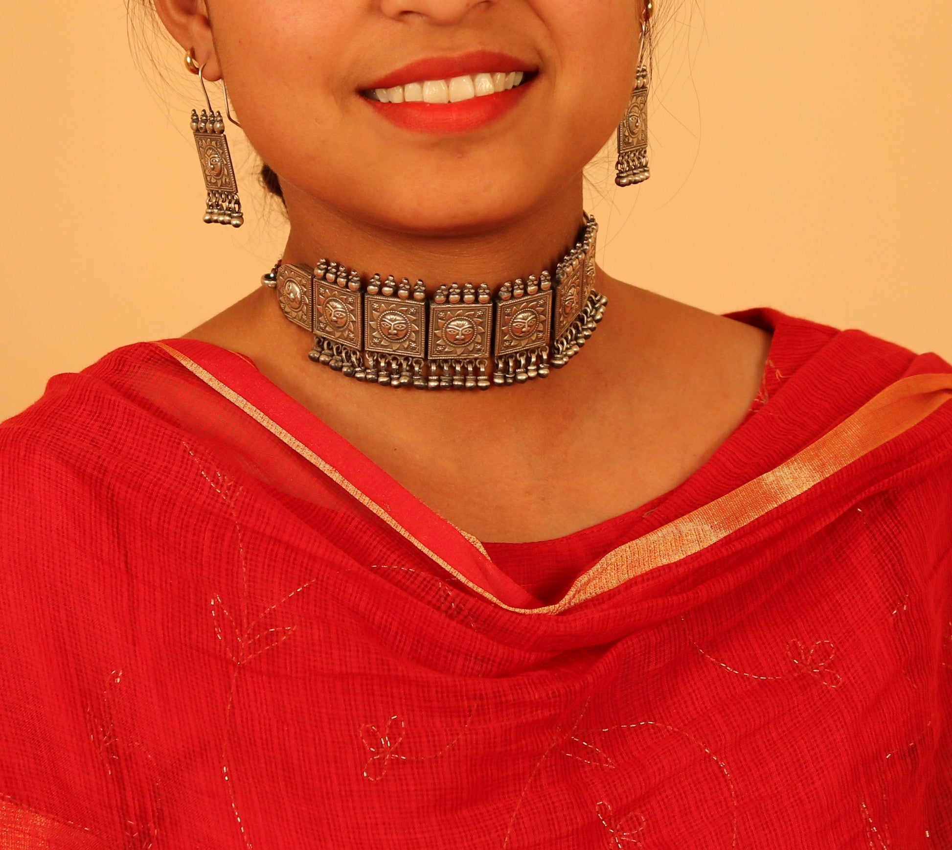 Vintage antique design handmade 925 sterling silver fabulous sum face design necklace choker with attractive hangings tribal jewelry set78 - TRIBAL ORNAMENTS