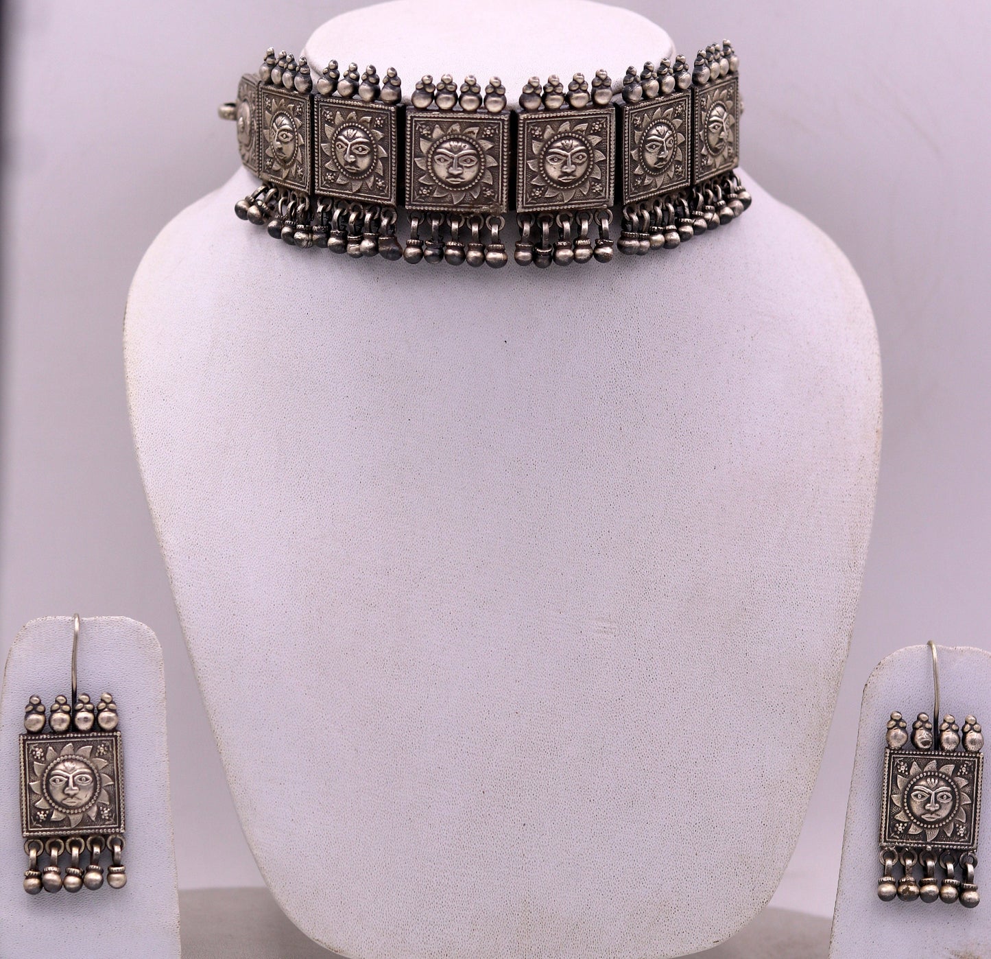 Vintage antique design handmade 925 sterling silver fabulous sum face design necklace choker with attractive hangings tribal jewelry set78 - TRIBAL ORNAMENTS