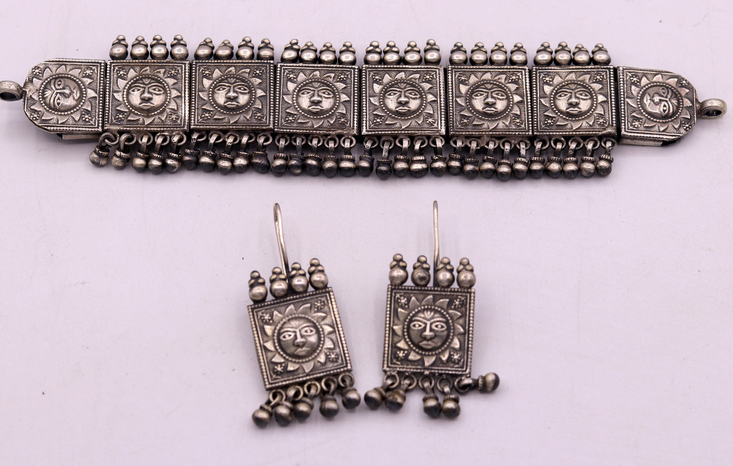 Vintage antique design handmade 925 sterling silver fabulous sum face design necklace choker with attractive hangings tribal jewelry set78 - TRIBAL ORNAMENTS