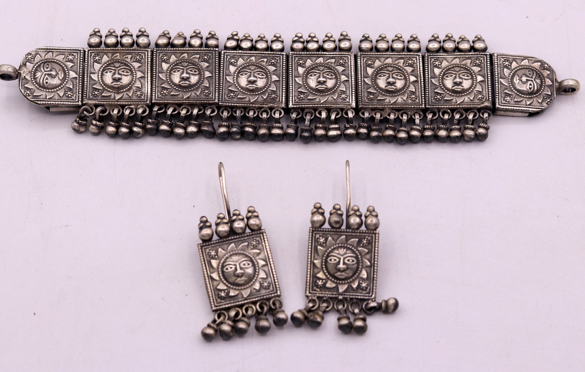 Vintage antique design handmade 925 sterling silver fabulous sum face design necklace choker with attractive hangings tribal jewelry set78 - TRIBAL ORNAMENTS