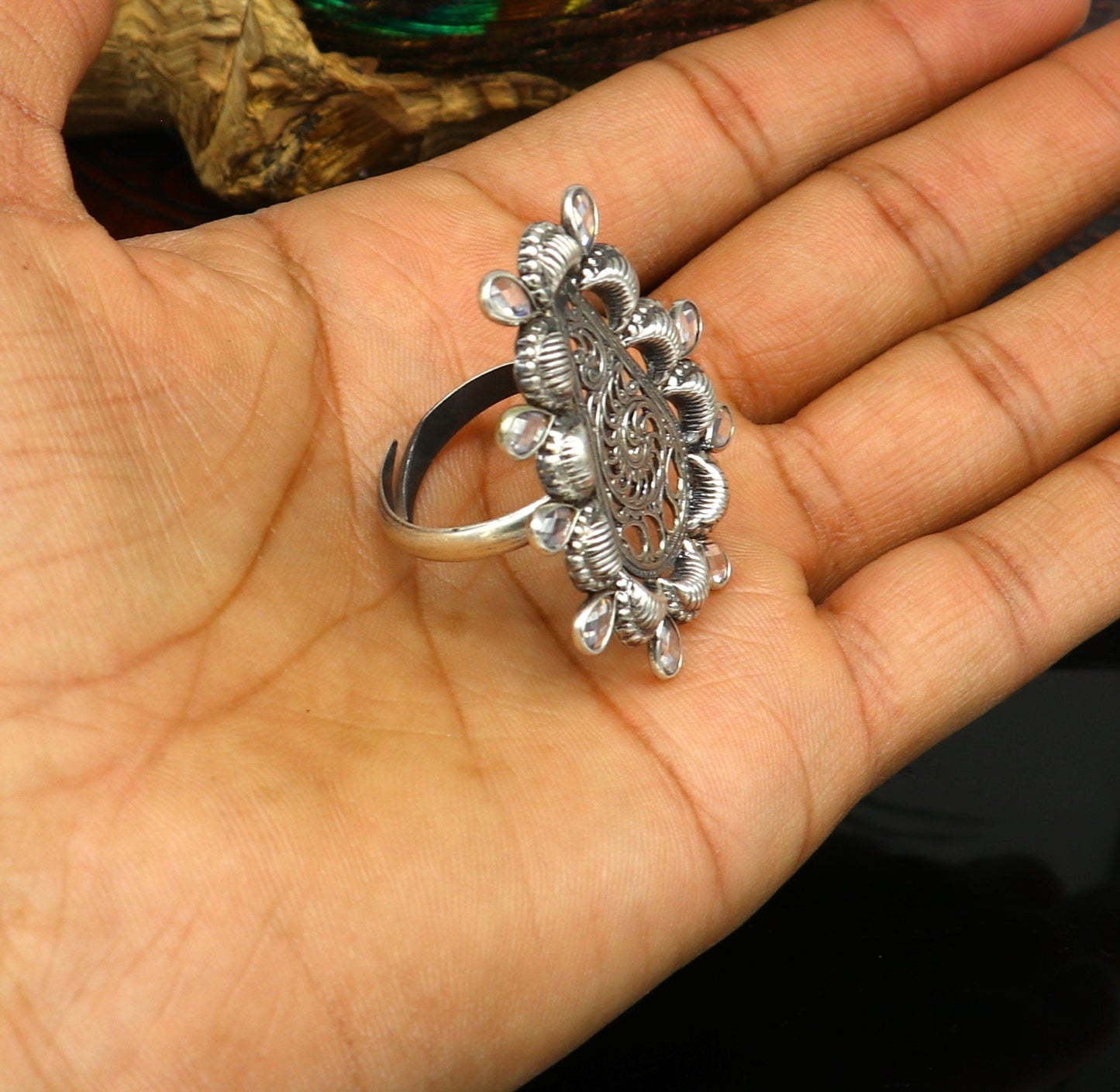 Vintage antique design handmade 925 sterling silver gorgeous charm ring adjustable band,stylish gifting stone work tribal jewelry ring245 - TRIBAL ORNAMENTS