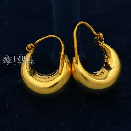 Vintage handmade sterling silver and gold polished boho hoops earrings with tribal Bali Banjara design, crafted by TRIBAL ORNAMENTS.