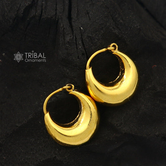Vintage handmade 925 sterling silver gold-polished boho hoop earrings with tribal Bali and Banjara design from TRIBAL ORNAMENTS.