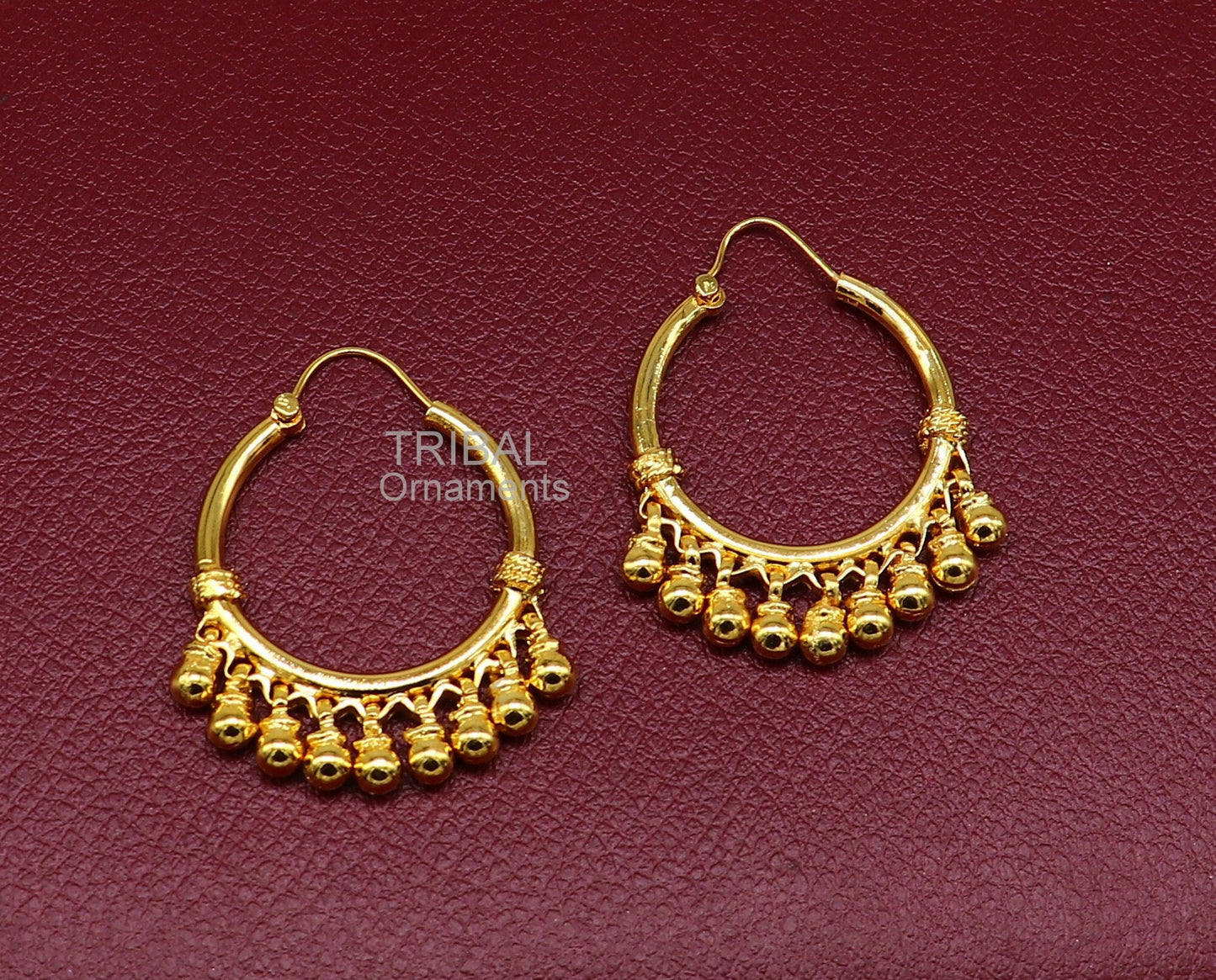 Vintage antique design handmade 925 sterling silver gorgeous gold polished hoops boho earrings bali with bells tribal Banjara jewelry s1147 - TRIBAL ORNAMENTS