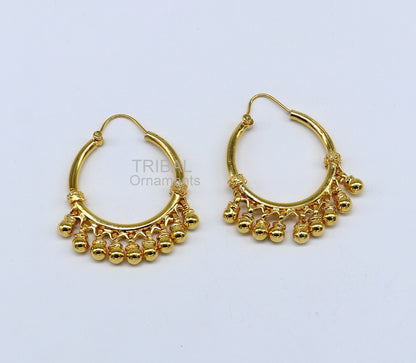 Vintage handmade 925 sterling silver gold-polished boho hoops with bells, tribal Banjara jewelry, featuring intricate antique design.