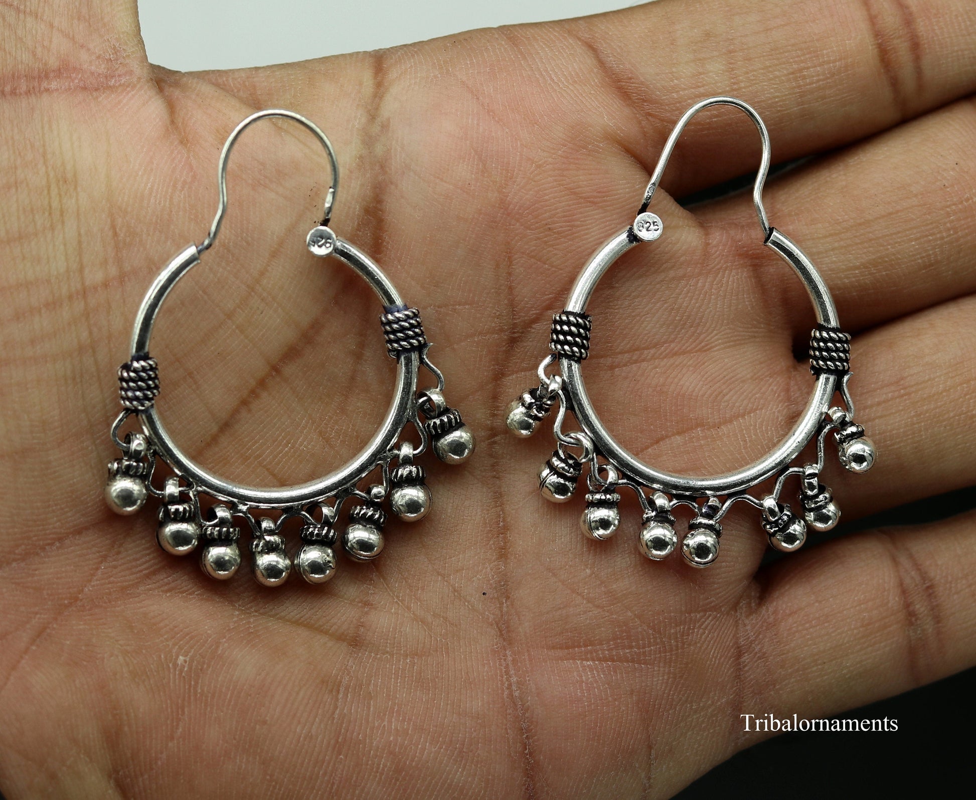 Vintage antique design handmade 925 sterling silver gorgeous hoops boho earrings bali with hanging drop bells tribal Banjara jewelry s897 - TRIBAL ORNAMENTS