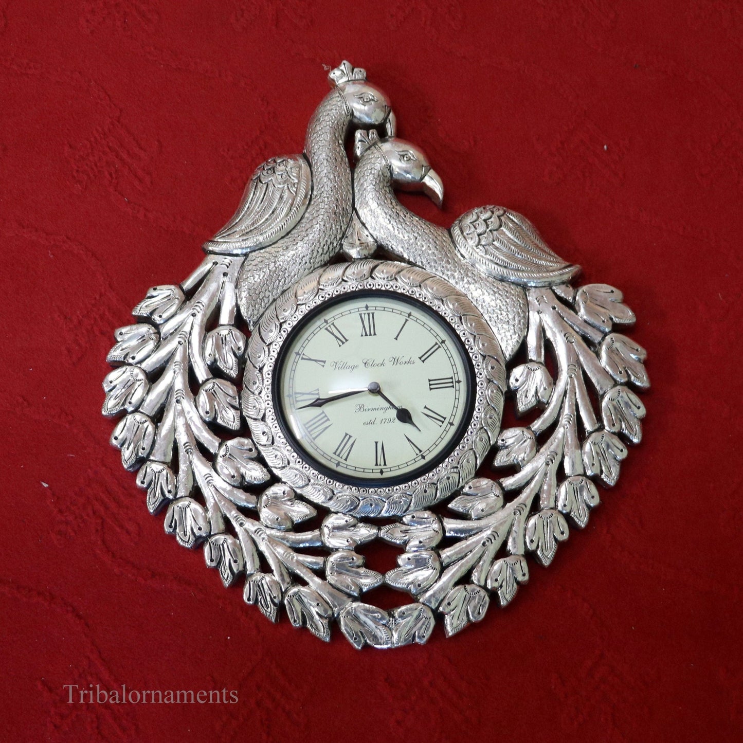Vintage antique design handmade 999 pure silver peacock design big Size wall clock, wooden base pure silver watch Royal Jewel sf06 - TRIBAL ORNAMENTS