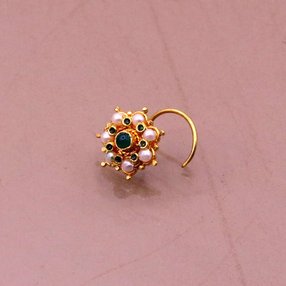 Vintage Antique design handmade gorgeous 20kt ct  yellow gold gorgeous nose pin stud with pretty tiny pearl and green onyx stone gnp22 - TRIBAL ORNAMENTS