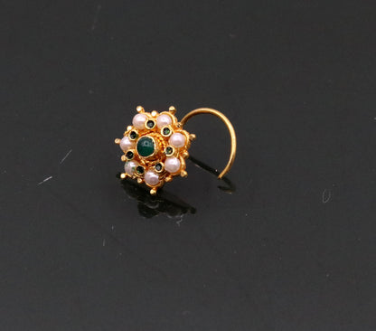 Vintage Antique design handmade gorgeous 20kt ct  yellow gold gorgeous nose pin stud with pretty tiny pearl and green onyx stone gnp22 - TRIBAL ORNAMENTS