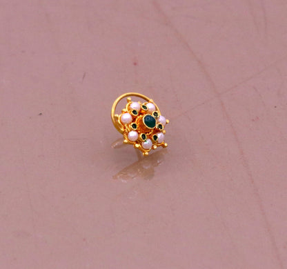 Vintage Antique design handmade gorgeous 20kt ct  yellow gold gorgeous nose pin stud with pretty tiny pearl and green onyx stone gnp22 - TRIBAL ORNAMENTS
