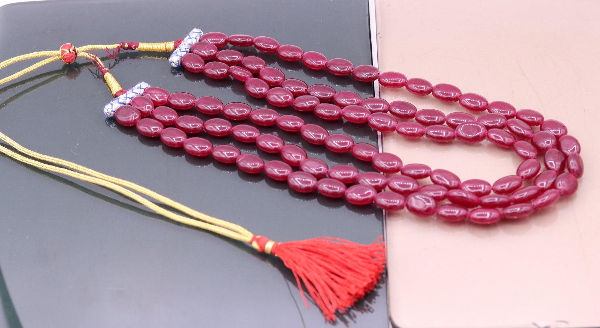 Vintage antique design handmade gorgeous Red Quartz three line necklace, excellent beaded charm necklace tribal jewelry from india qd01 - TRIBAL ORNAMENTS