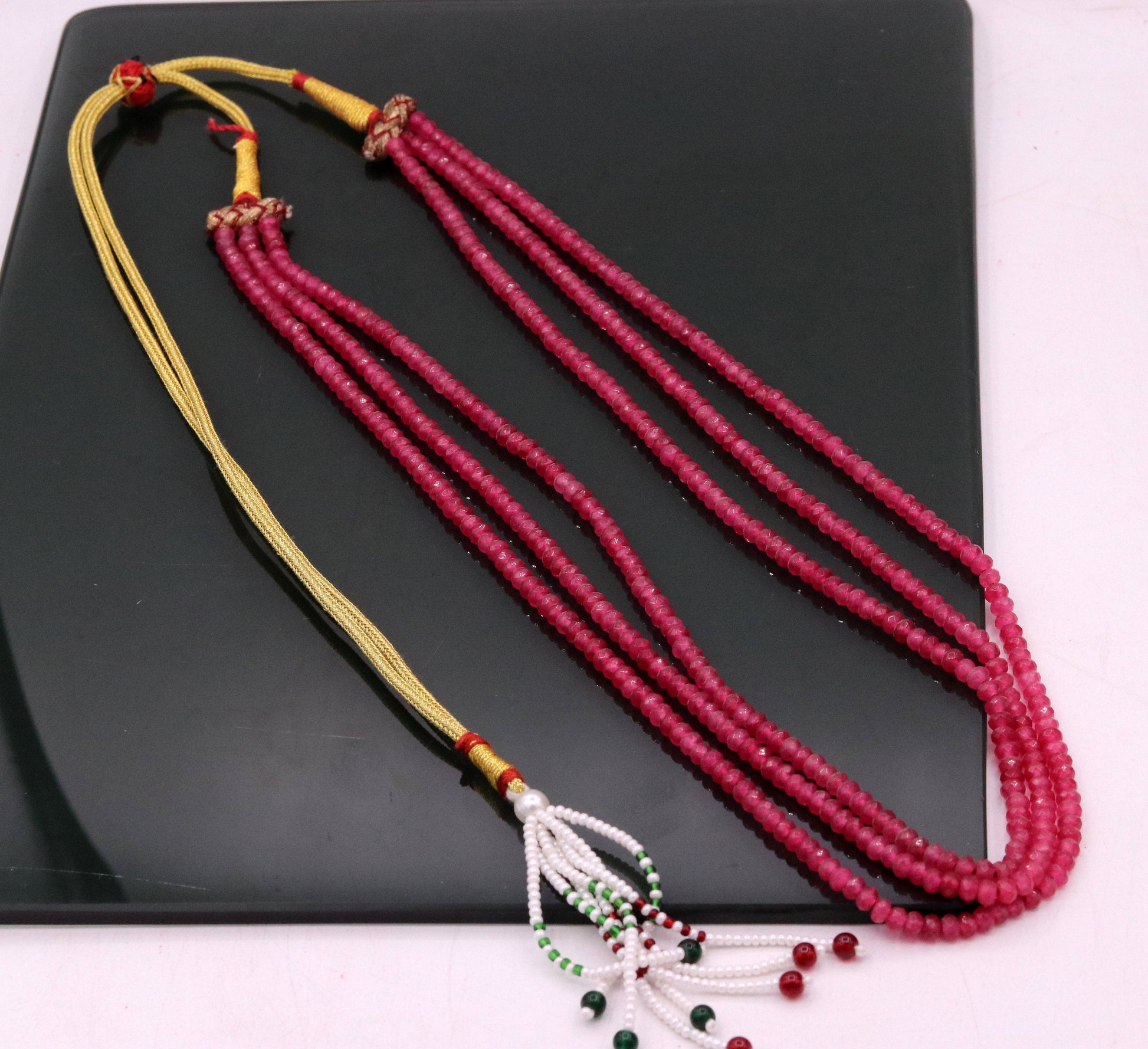 Vintage antique design handmade gorgeous rose pink Quartz 3 line necklace, excellent beaded charm necklace tribal jewelry from india qd03 - TRIBAL ORNAMENTS