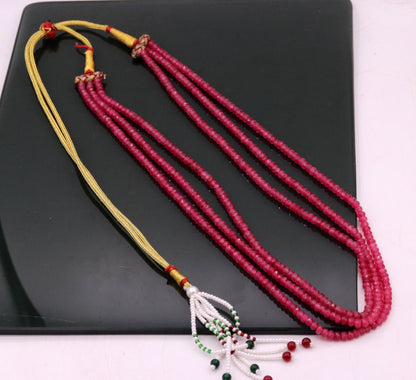 Vintage antique design handmade gorgeous rose pink Quartz 3 line necklace, excellent beaded charm necklace tribal jewelry from india qd03 - TRIBAL ORNAMENTS