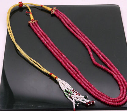 Vintage antique design handmade gorgeous rose pink Quartz 3 line necklace, excellent beaded charm necklace tribal jewelry from india qd03 - TRIBAL ORNAMENTS