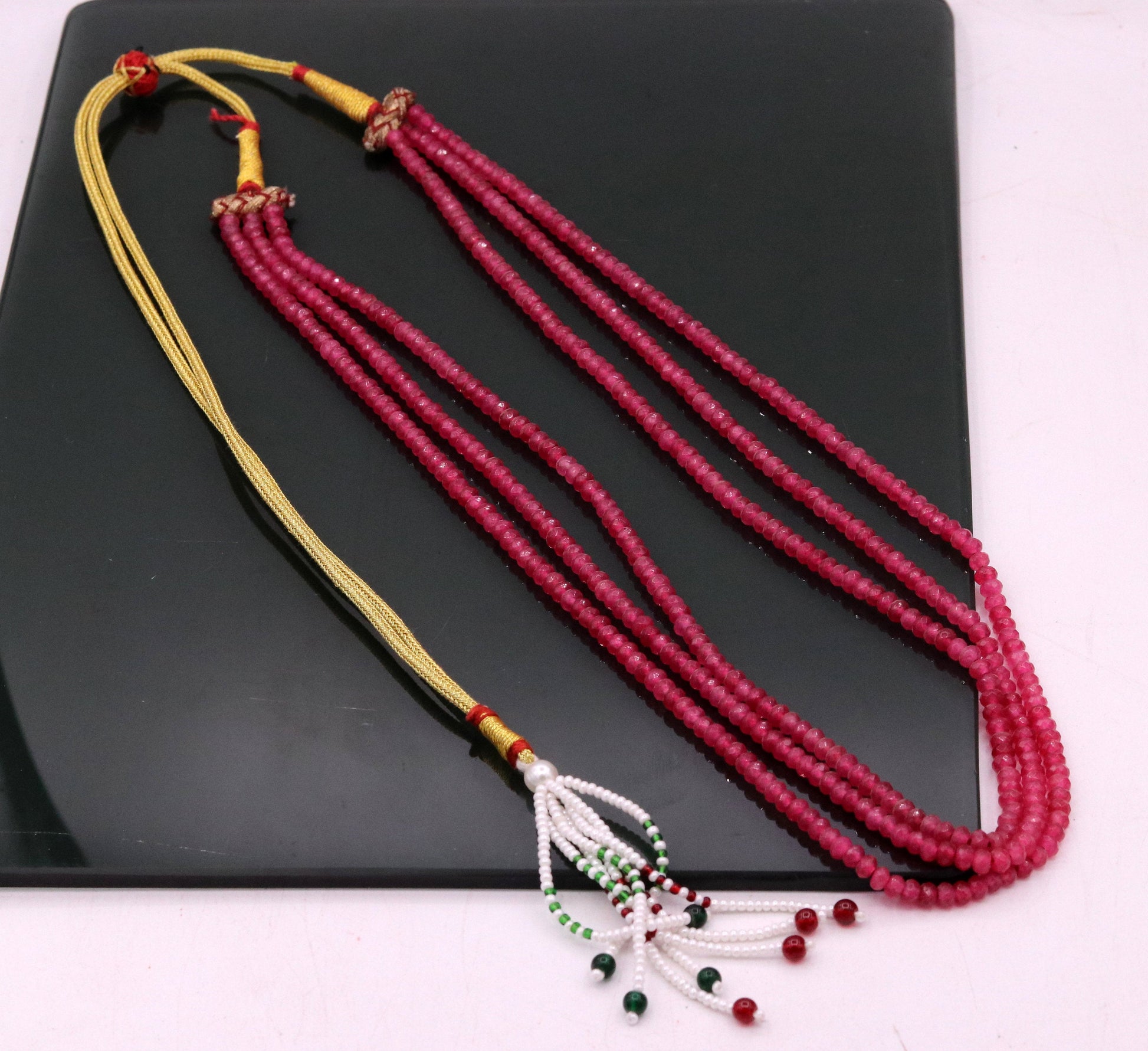 Vintage antique design handmade gorgeous rose pink Quartz 3 line necklace, excellent beaded charm necklace tribal jewelry from india qd03 - TRIBAL ORNAMENTS