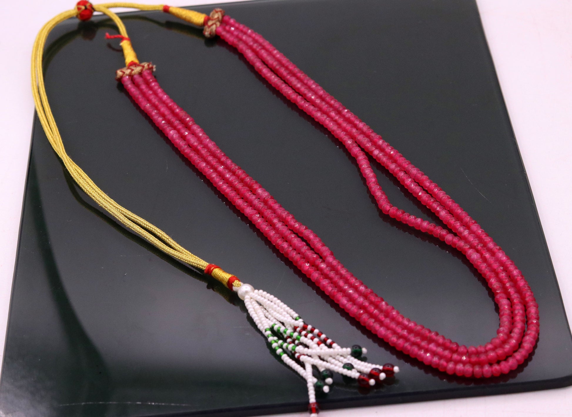 Vintage antique design handmade gorgeous rose pink Quartz 3 line necklace, excellent beaded charm necklace tribal jewelry from india qd03 - TRIBAL ORNAMENTS