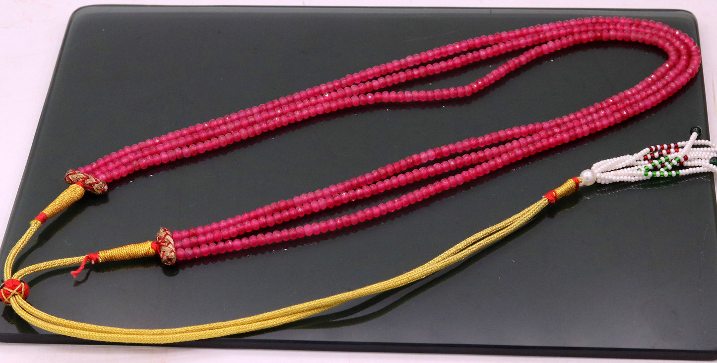 Vintage antique design handmade gorgeous rose pink Quartz 3 line necklace, excellent beaded charm necklace tribal jewelry from india qd03 - TRIBAL ORNAMENTS
