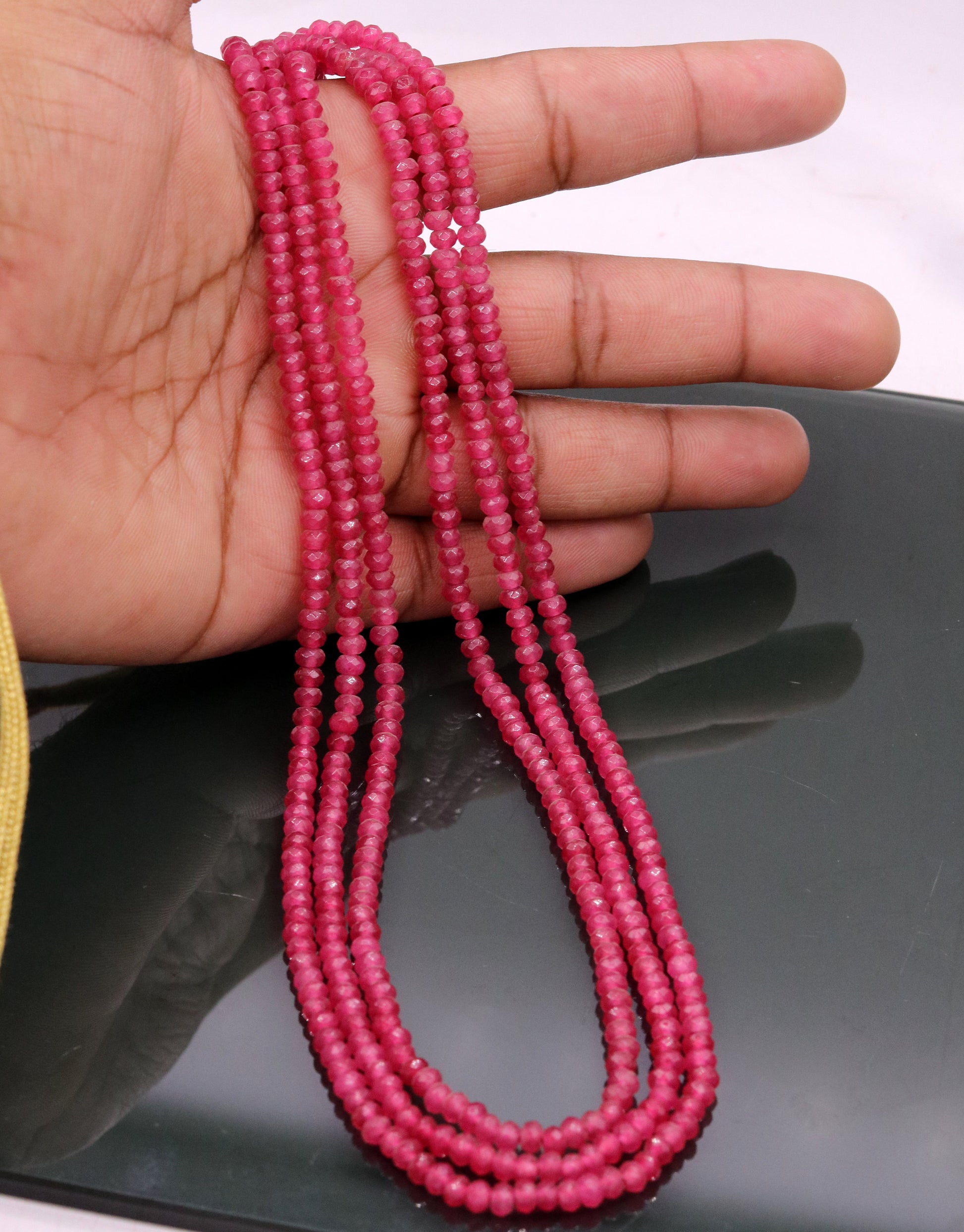 Vintage antique design handmade gorgeous rose pink Quartz 3 line necklace, excellent beaded charm necklace tribal jewelry from india qd03 - TRIBAL ORNAMENTS