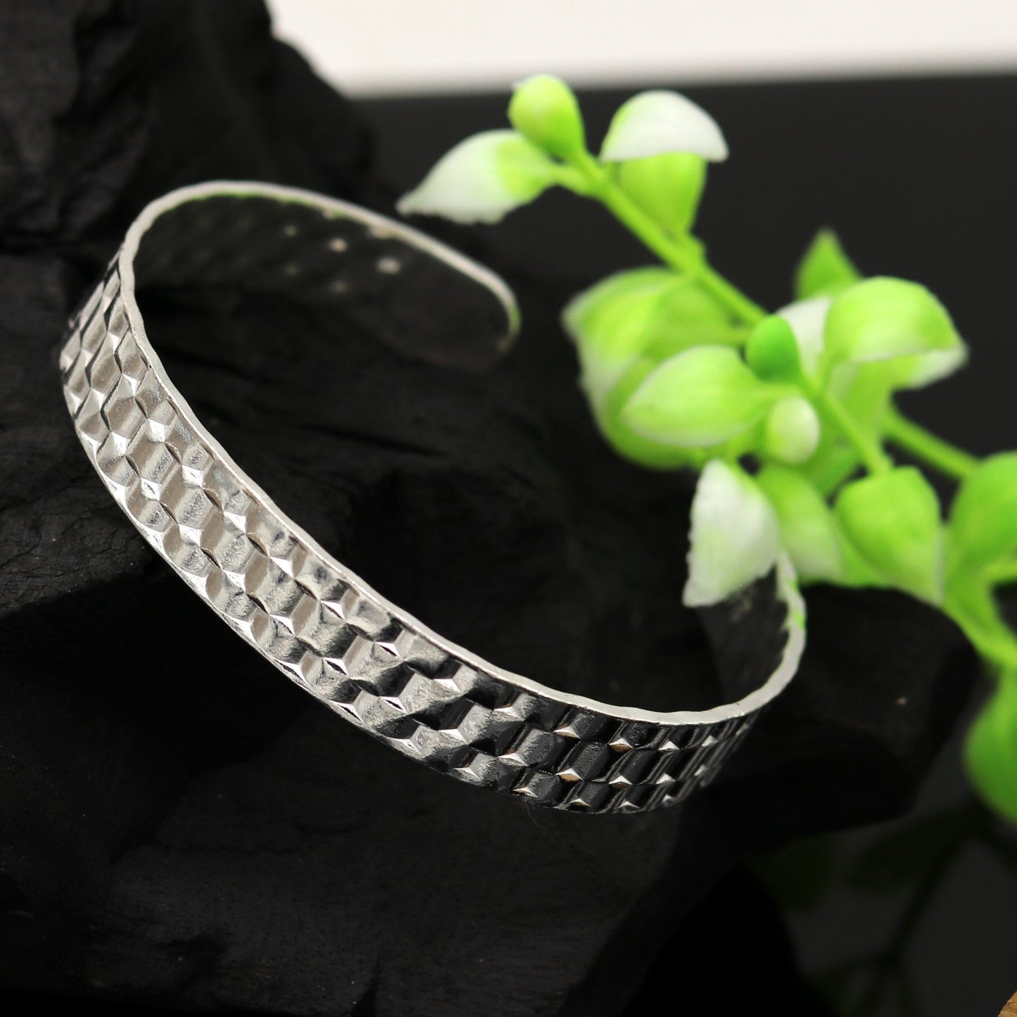 Vintage sterling silver open face adjustable bangle bracelet by TRIBAL ORNAMENTS, unisex handmade jewelry with antique design.