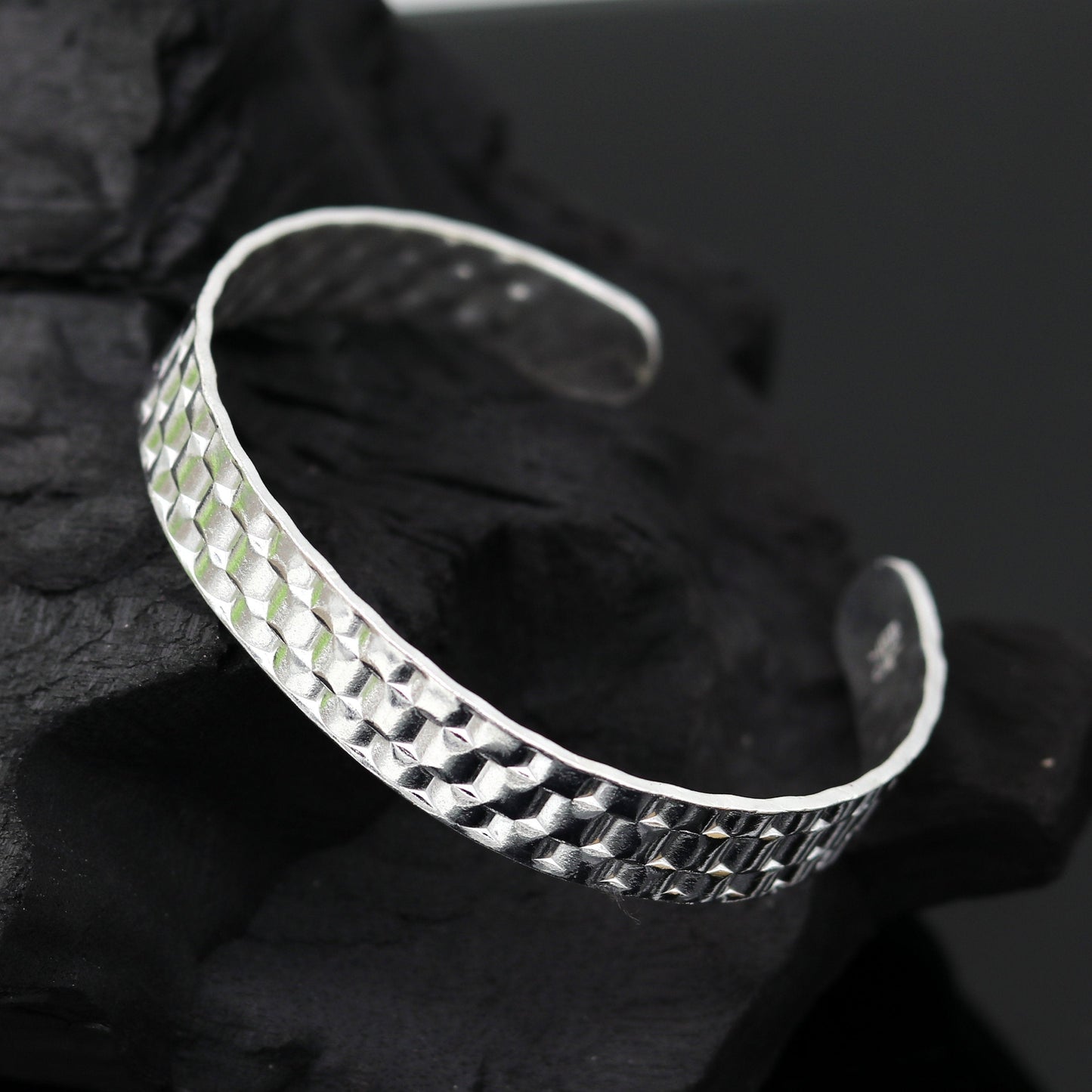 Vintage sterling silver open face adjustable bangle bracelet by Tribal Ornaments, unisex handcrafted jewelry with antique design.