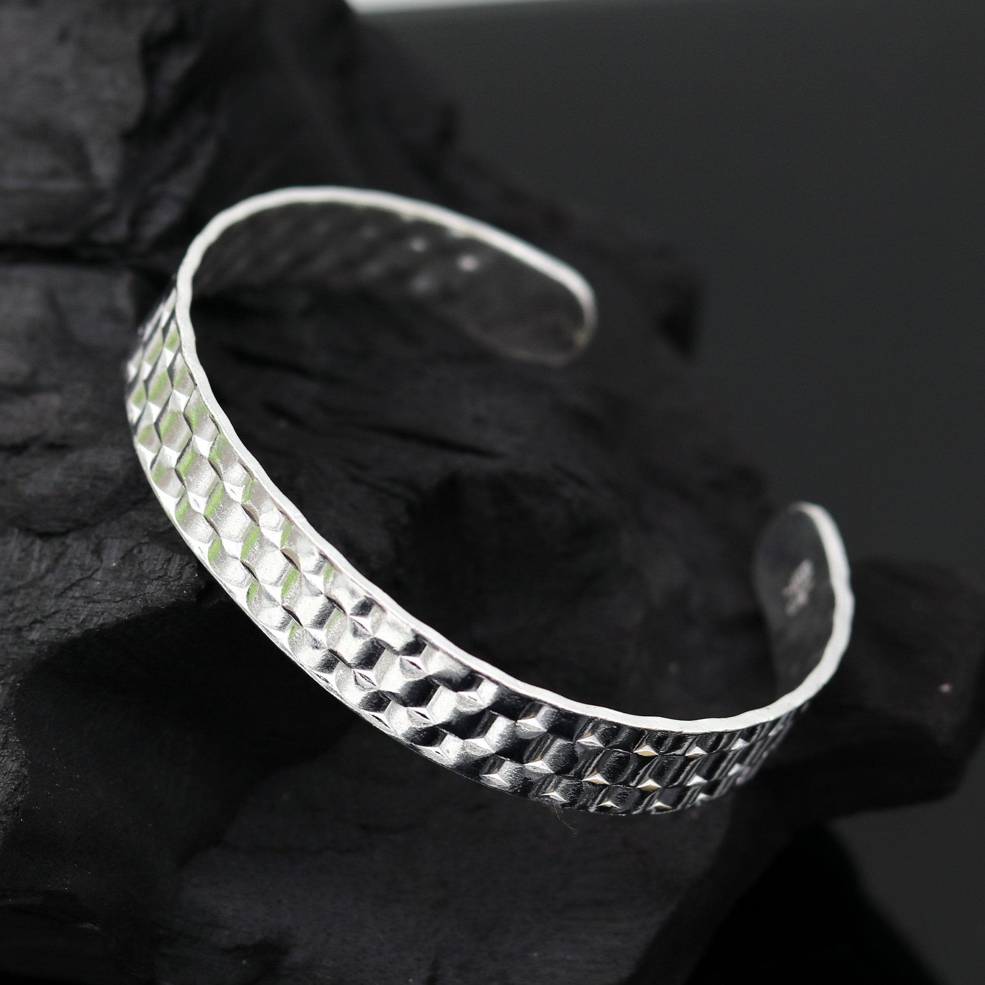 Vintage sterling silver open face adjustable bangle bracelet by Tribal Ornaments, unisex handcrafted jewelry with antique design.