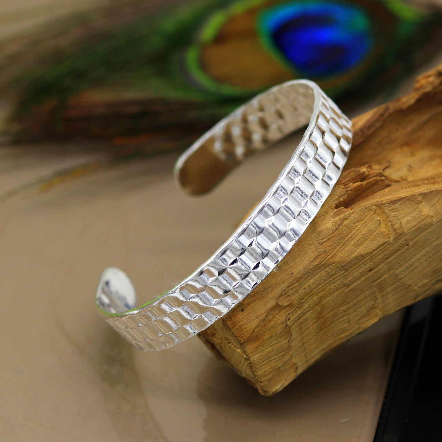 Vintage sterling silver open face adjustable bangle cuff bracelet by Tribal Ornaments, unisex handcrafted jewelry with tribal design.