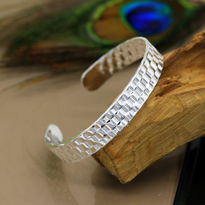 Vintage sterling silver open face adjustable bangle cuff bracelet by Tribal Ornaments, unisex handcrafted jewelry with tribal design.