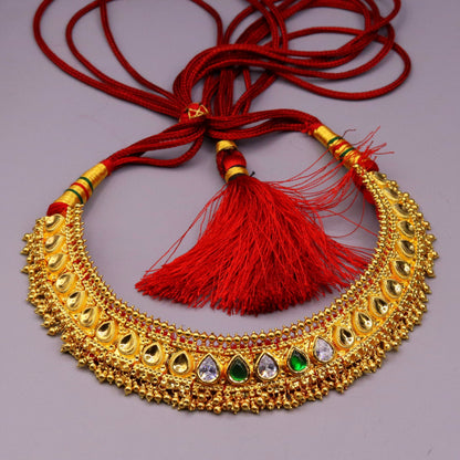 Vintage handmade tribal Tussi pattern necklace with hanging bells, perfect for weddings and special occasions.