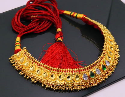 Vintage tribal Tussi pattern handmade necklace with hanging bells, perfect for wedding or party jewelry, by TRIBAL ORNAMENTS.