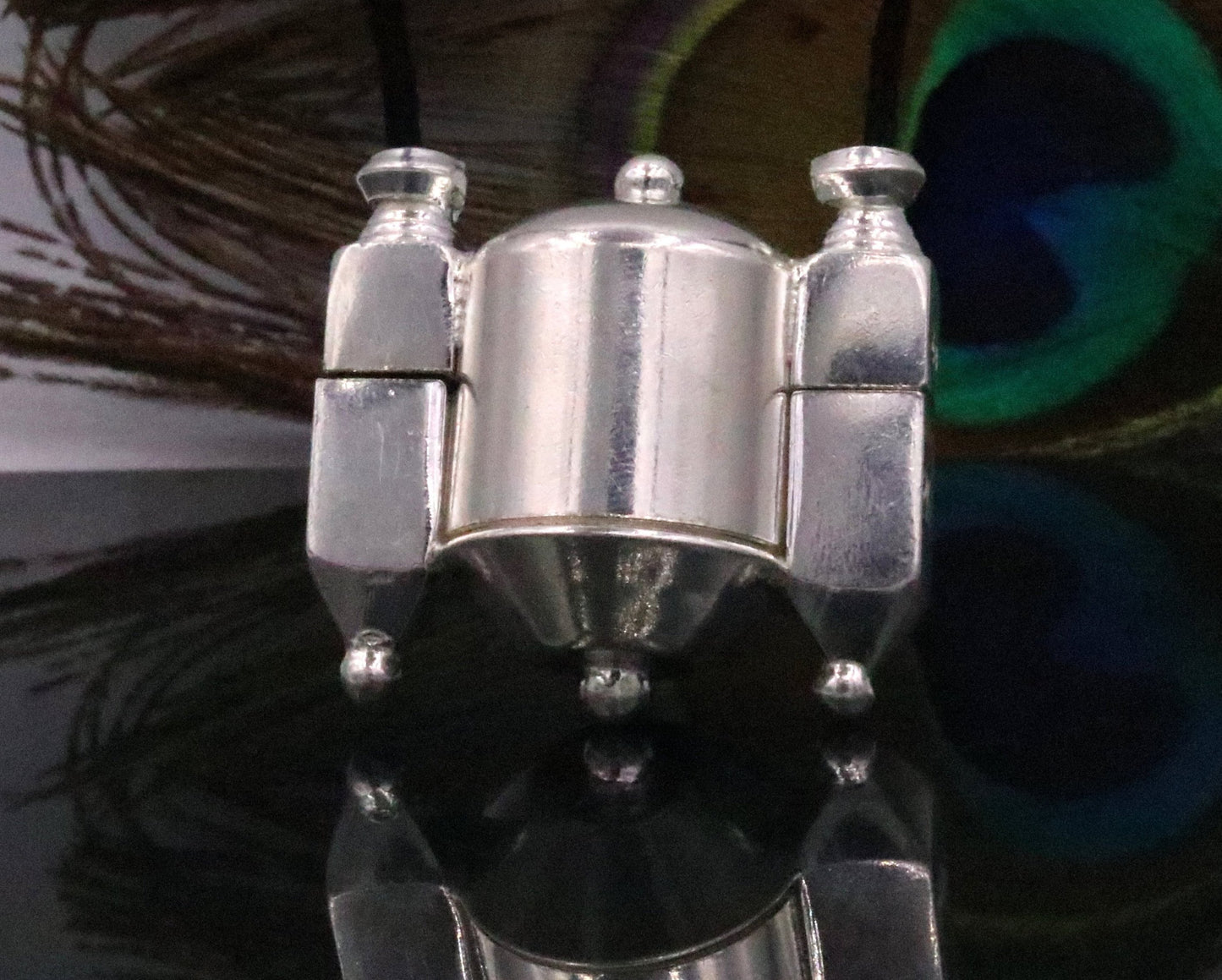 Vintage sterling silver Lord Shiva Lingam box pendant showing intricate antique Indian design, from Rajasthan.