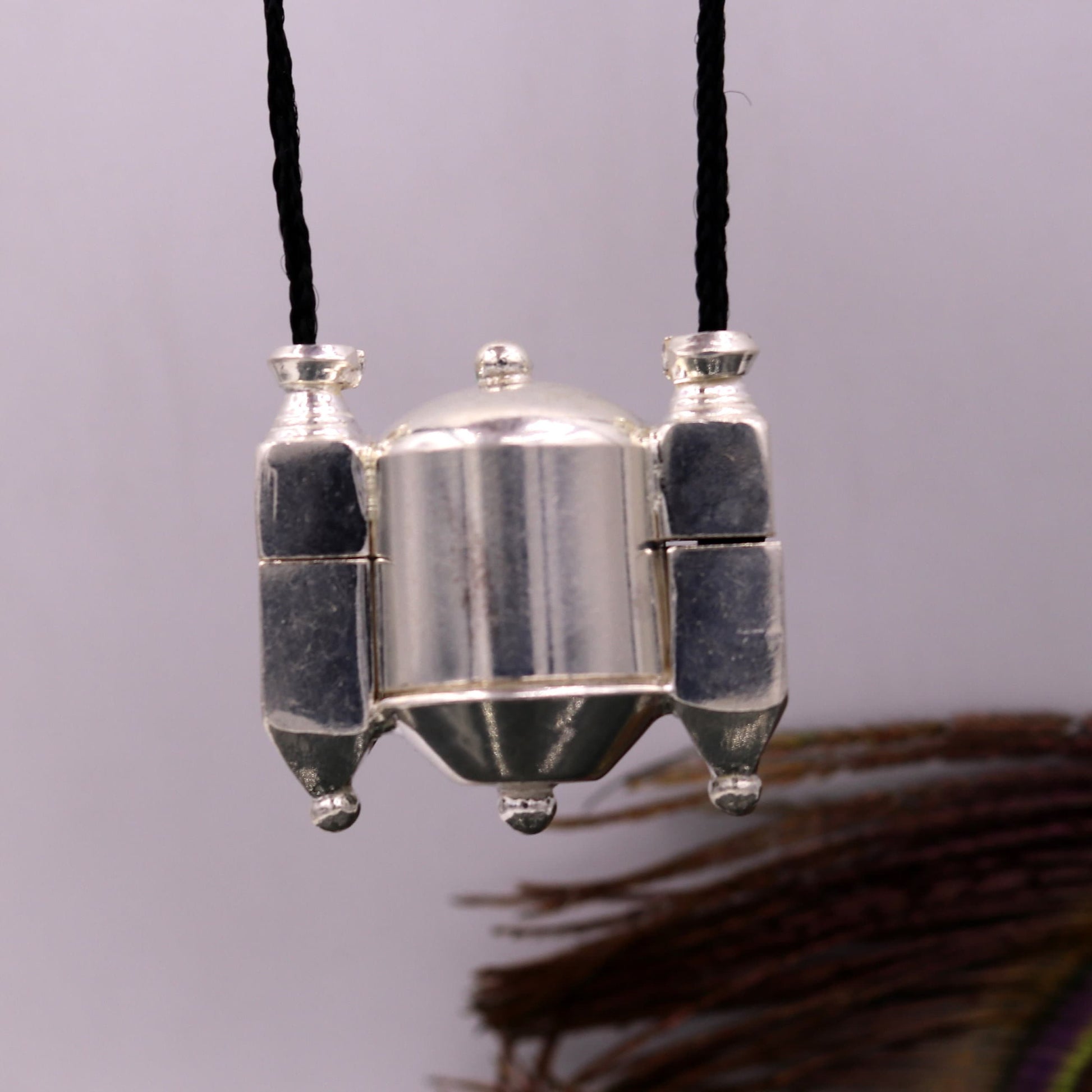 Vintage sterling silver Lord Shiva Lingam box pendant from Rajasthan, featuring intricate tribal design and antique craftsmanship.