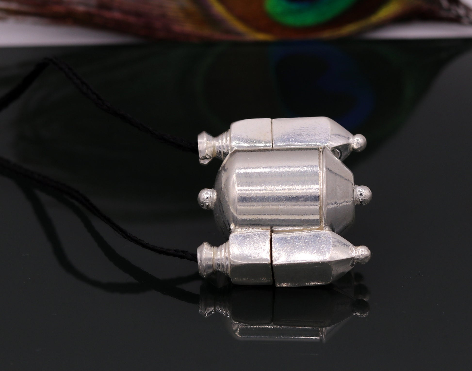 Vintage sterling silver Lord Shiva Lingam box pendant from Rajasthan, featuring intricate antique Indian tribal design.