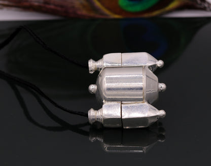 Vintage sterling silver Lord Shiva Lingam box pendant from Rajasthan, featuring intricate antique Indian tribal design.