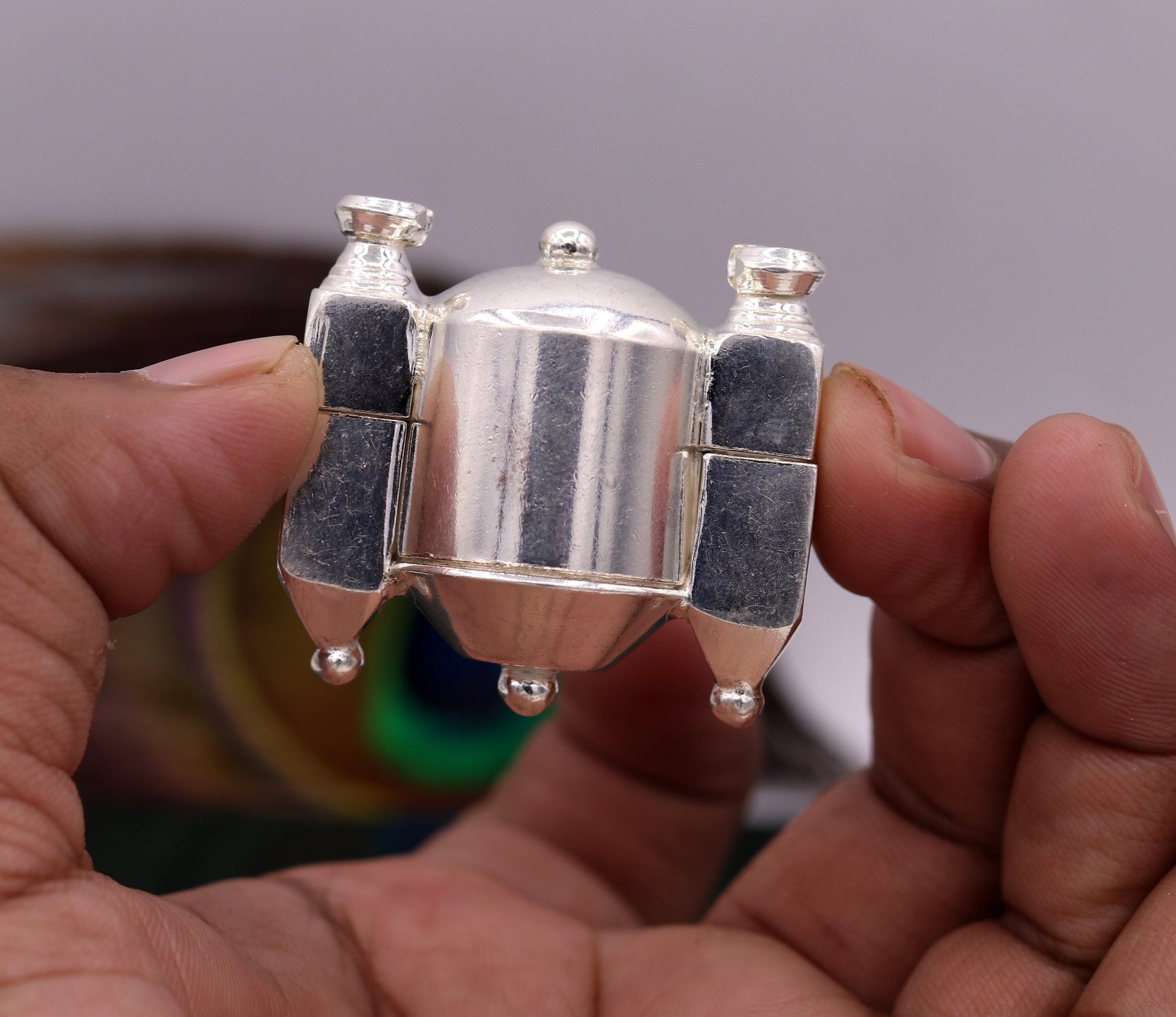 Vintage sterling silver Lord Shiva Lingam box container pendant with intricate tribal design, handcrafted jewelry from Rajasthan.