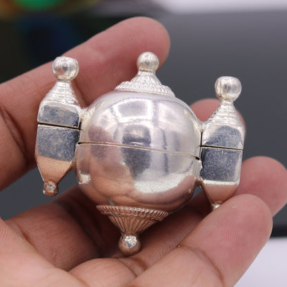 Vintage antique sterling silver Lord Shiva Lingam box container pendant jewelry from Rajasthan, India, with intricate tribal design.
