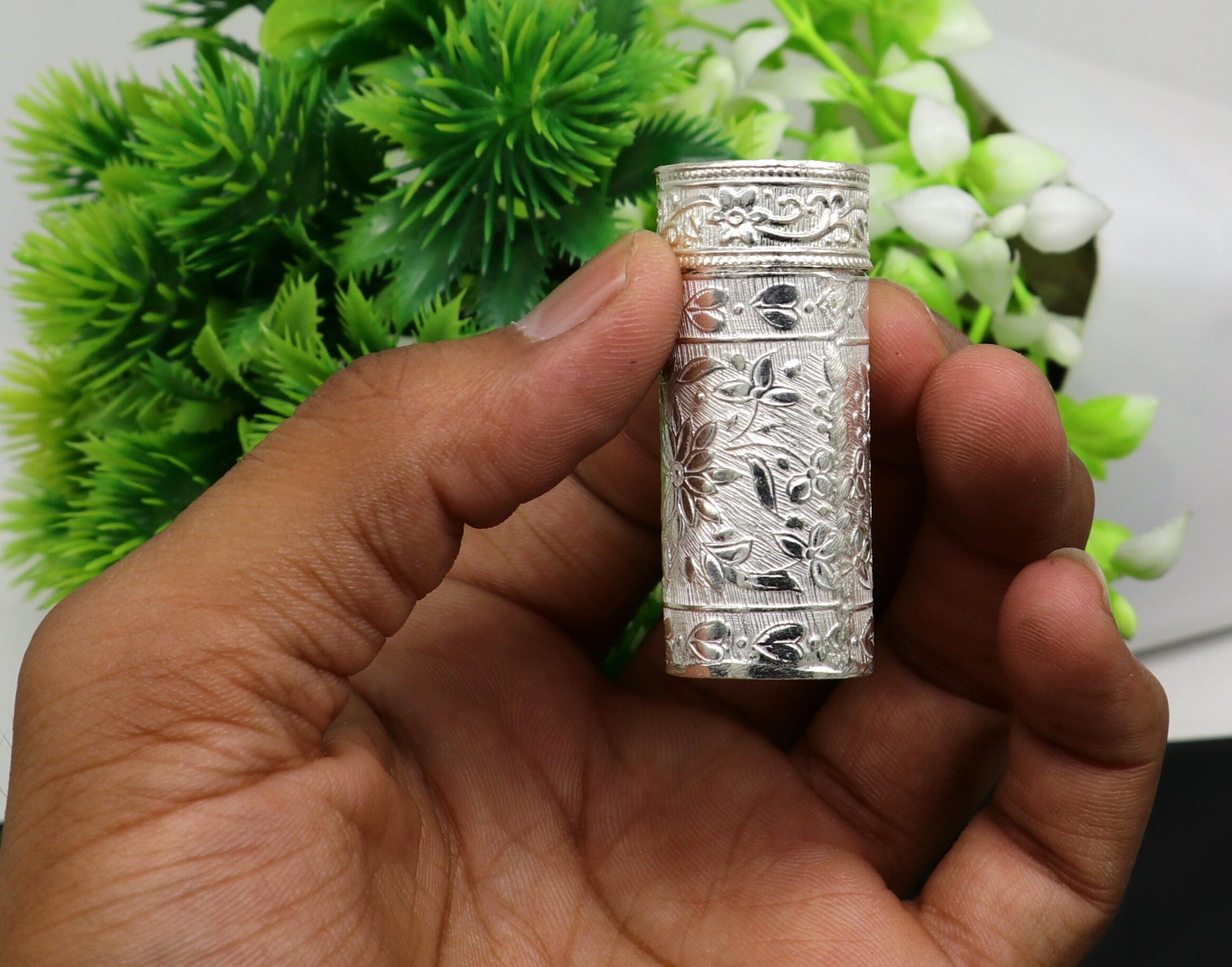 Vintage antique solid silver handmade trinket box with intricate tribal design, suitable for jewelry, kajal, or keepsakes.